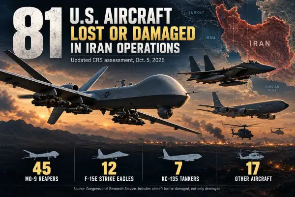 U.S. aircraft lost or damaged during operations against Iran since February 28, 2026, according to the updated U.S. Congressional Research Service assessment. The tally includes 45 MQ-9 Reapers, 12 F-15E Strike Eagles and seven KC-135 tankers among 81 aircraft recorded overall.