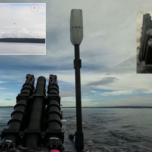 A Ghost Shark autonomous underwater vehicle launches an ALTIUS aerial drone during a demonstration of Australia's emerging naval reconnaissance and strike capabilities. (Picture source: Anduril)