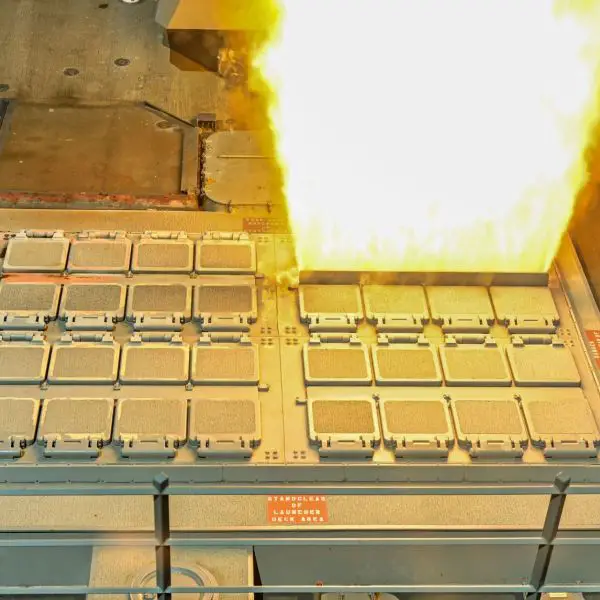 Forward 32-cell Mk 41 Vertical Launching System aboard a U.S. Navy Arleigh Burke-class guided-missile destroyer. The launcher can employ several missile families for air defense, land attack, and anti-submarine warfare. (Picture source: US Navy)