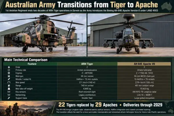 Australia is replacing the Tiger ARH with the AH-64E Apache because persistent availability and sustainment problems have made the fleet increasingly difficult to maintain, modernize, and deploy with U.S. and allied forces. (Picture source: Army Recognition)