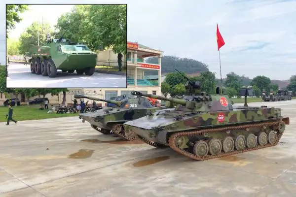 Vietnam’s new T-1 amphibious light tank alongside the Soviet-designed PT-76 it is intended to replace, with the XTC-03 8x8 armored personnel carrier pictured in the upper-left inset. (Picture source: X/@EFFERCETAMOL)