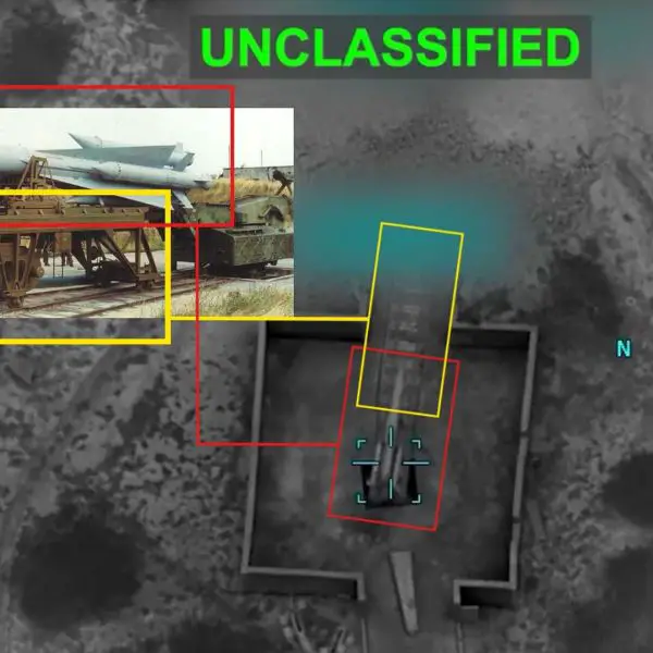 CENTCOM footage appears to show a precision strike destroying a loaded Iranian S-200 launcher, exposing the distinctive rail-handling infrastructure used by the long-range air-defense system (Picture Source: U.S. Central Command /  Matej Kopecky / Edited By Army Recognition Group)