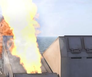 Rendering of the BAE Systems Adaptable Deck Launcher firing a missile, illustrating a deck-mounted system designed to increase air defense firepower aboard U.S. Navy aircraft carriers, amphibious ships and other surface combatants. (Picture source: BAE Systems)