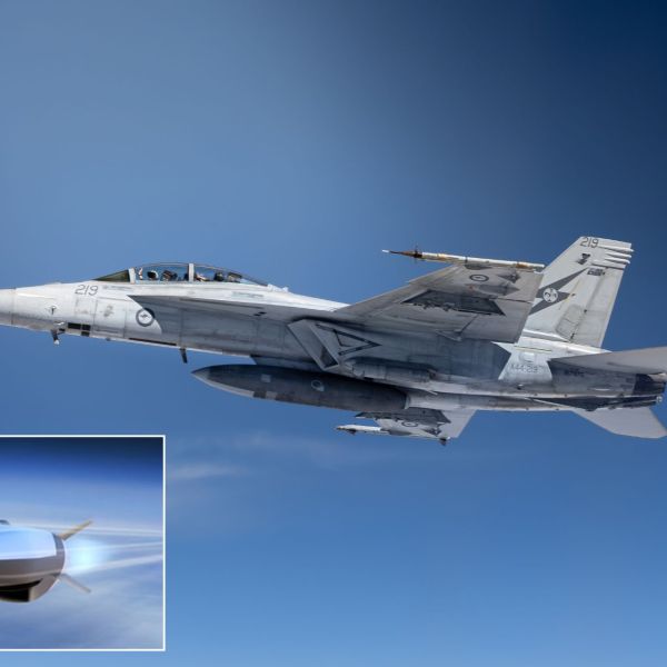 The Royal Australian Air Force F/A-18F Super Hornet is planned to support HACM flight testing, while the hypersonic cruise missile uses an air-breathing scramjet propulsion system. (Picture sources: Australian Department of Defence / Raytheon Missiles & Defense)