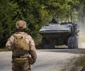 U.S. Marines with BLT 1/8 used Amphibious Combat Vehicles to move infantry during a 26th MEU raid rehearsal at Camp Lejeune, highlighting the ACV’s expanding role in protected maneuver beyond traditional ship-to-shore operations (Picture Source: USMC)