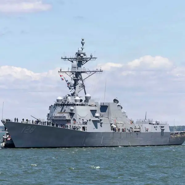 The future USS Ted Stevens (DDG 128), a Flight III Arleigh Burke-class guided-missile destroyer, arrives at Naval Station Norfolk, Virginia, on May 15, 2026. The U.S. Navy will commission the SPY-6-equipped destroyer on October 3, 2026, in Whittier, Alaska. (U.S. Navy photo)