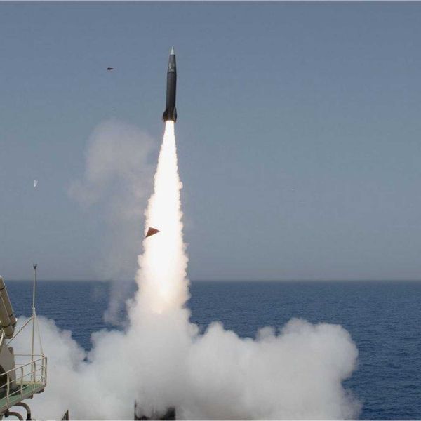 A LORA ballistic missile is launched from a ship during an Israel Aerospace Industries maritime firing trial. Germany tested the Israeli-developed LORA from a German Navy frigate in the North Atlantic on September 1, 2026.
