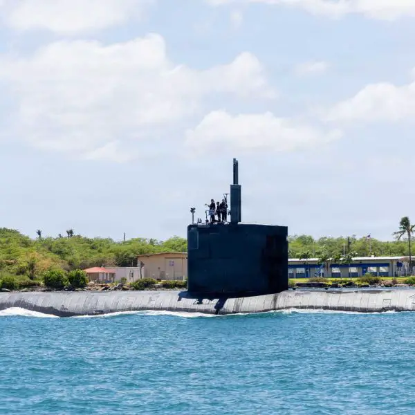 U.S. Navy Los Angeles-class fast-attack submarine USS Charlotte (SSN 766) departs Joint Base Pearl Harbor-Hickam on July 7, 2026, to participate in the sea phase of RIMPAC 2026, where U.S. Navy submarines are demonstrating the integration of autonomous unmanned underwater vehicles and submarine-launched Harpoon anti-ship missiles to enhance undersea warfare capabilities in the Indo-Pacific. (Picture source: U.S. DoD)