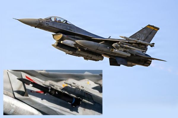 The U.S. Air Force is advancing F-16 integration work for Castelion’s Blackbeard hypersonic missile, potentially giving the widely deployed fighter a new long-range, high-speed standoff strike capability. The inset at lower left shows Blackbeard during developmental integration testing on an F/A-18E/F Super Hornet. (Picture Sources: U.S. Air Force / U.S. Navy)