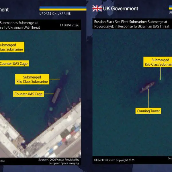 Three Russian Kilo-class submarines at Novorossiysk have been fitted with counter-drone cages and partially submerged at berth to protect exposed sail equipment and preserve their Kalibr cruise-missile strike capability (Picture source: UK MoD).