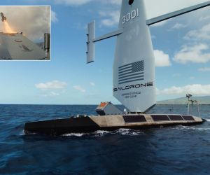 A Saildrone Surveyor USV launches a JAGM missile during a live-fire demonstration at RIMPAC 2026 near Hawaii. (Picture source: Saildrone)