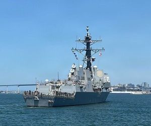 U.S. Navy USS Chung-Hoon (DDG-93) departs Naval Base San Diego on April 20, 2026, for sea trials after completing its DDG Modernization 2.0 upgrade, which enhances the destroyer's Integrated Air and Missile Defense and electronic warfare capabilities. (Picture source: U.S. Navy)