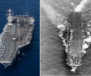 The USS Gerald R. Ford (CVN-78) places its island much farther aft so more aircraft can be parked and moved directly toward the catapults without interfering with landings, whereas USS Enterprise (CV-6)'s amidships island suited a WWII straight flight deck where launching and landing aircraft largely occurred one after the other rather than simultaneously. (Picture source: US Navy)