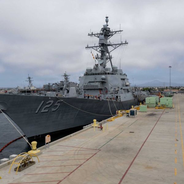 Arleigh Burke-class guided-missile destroyer USS Jack H. Lucas (DDG 125), the U.S. Navy’s first Flight III destroyer equipped with the AN/SPY-6(V)1 Air and Missile Defense Radar and Aegis Baseline 10, moored at Naval Base San Diego on August 28, 2026.