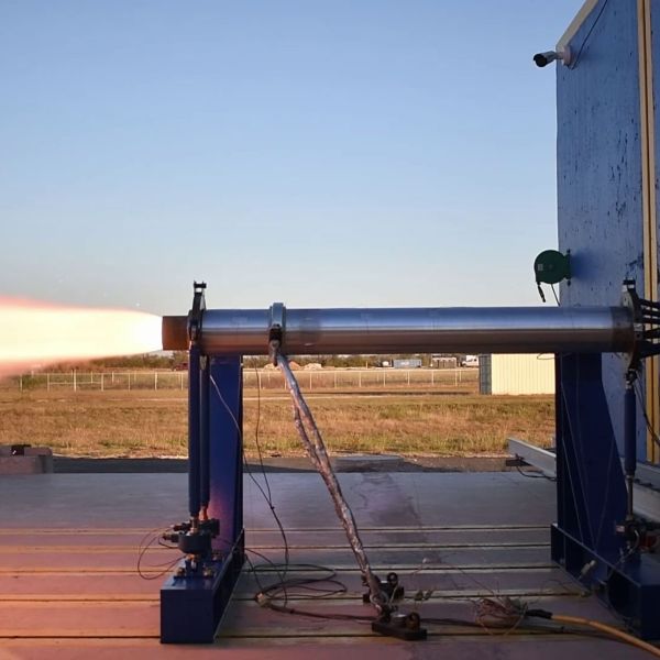 Static test of a subscale solid-rocket motor developed by X-Bow Systems for the U.S. Missile Defense Agency's Low-Cost Interceptor program. (Picture source: X-Bow Systems)