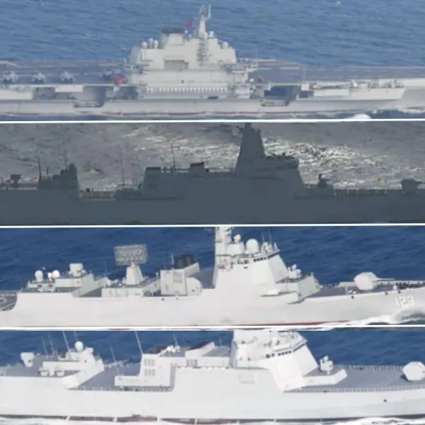 The Chinese aircraft carrier Liaoning sails alongside two Type 055 destroyers and one Type 052D destroyer during naval operations near Japan in October 2026, as China trains its carrier strike groups for extended operations in the Western Pacific. (Picture source: China Military)