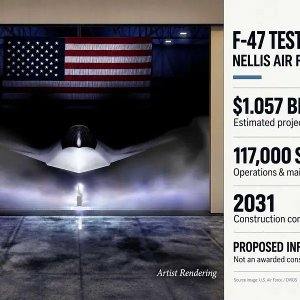 Official artist’s rendering of the future F-47 stealth fighter. The U.S. Air Force plans a dedicated test campus at Nellis Air Force Base to support its operational evaluation. (Picture source: U.S. Department of War/Defense)