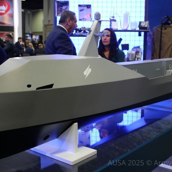 Saronic’s 150-foot Marauder USV on display at AUSA 2025, configured for ISO container payloads.
