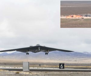 A U.S. Air Force B-2 Spirit stealth bomber conducts live-fire precision-strike training at the Nevada Test and Training Range on August 3, 2026, with the vignette highlighting both the aircraft and the effects of its weapons employment on the target area.