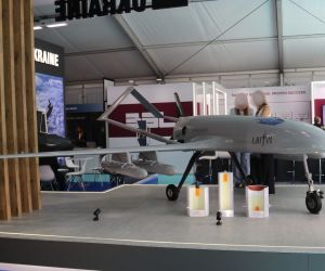 The An-196 Liutyi long-range Strike drone equipped with four compact air-to-surface missiles at Farnborough 2026 (