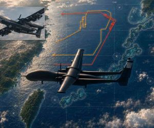 Japan scrambled fighter jets after a Chinese Y-9 intelligence aircraft and TB-001 reconnaissance and attack drone operated along the East China Sea approaches to Okinawa, underscoring Beijing’s growing use of complementary manned and unmanned surveillance capabilities around the Ryukyu Islands (Picture Source: Japanese MoD/ Edited By Army Recognition Group)