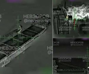 The sanctioned Russian-flagged cargo vessel, Lady Mariia, was severely damaged off Crete by repeated Ukrainian drone strikes targeting its deck equipment and logistics systems. (Picture source: Telegram/Nezvorov)