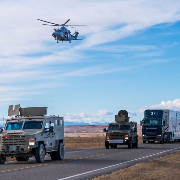 A U.S. Air Force MH-139A Grey Wolf helicopter assigned to the 40th Helicopter Squadron conducts its first operational nuclear-security mission alongside 341st Missile Security Operations Squadron convoys at Malmstrom Air Force Base, Montana, on January 8, 2026.