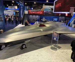 Lockheed Martin unveils a full-scale model of its Vectis stealth combat drone at the 2026 Air, Space & Cyber Conference in National Harbor, Maryland. The Skunk Works design is intended to operate alongside F-35 fighters and other advanced combat aircraft in contested airspace.