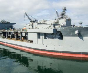 U.S. Navy USNS Hector A. Cafferata Jr. (ESB 8) conducts Acceptance Trials off the coast of Southern California on July 17, 2026. The successful evaluation marks the completion of the U.S. Navy's eight-ship Expeditionary Sea Base program ahead of the vessel's delivery later this summer. (Picture source: YT- General Dynamics NASSCO)