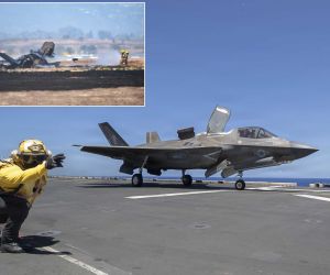 A U.S. Marine Corps F-35B Lightning II during flight operations (main image). The inset shows the July 30, 2026, crash site at Marine Corps Air Station Miramar that is currently under investigation. The incident has renewed attention on the Marine Corps' only short take-off and vertical landing (STOVL) fifth-generation fighter.