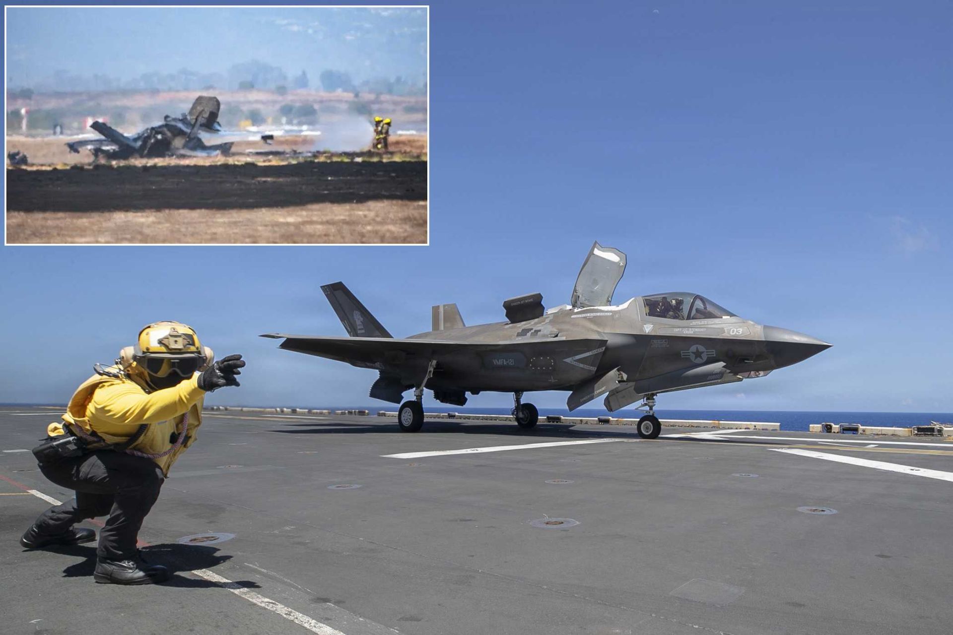 A U.S. Marine Corps F-35B Lightning II during flight operations (main image). The inset shows the July 30, 2026, crash site at Marine Corps Air Station Miramar that is currently under investigation. The incident has renewed attention on the Marine Corps' only short take-off and vertical landing (STOVL) fifth-generation fighter. (Picture source: U.S. Department of War/ defense for the main image)