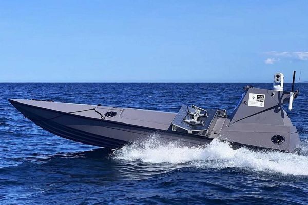 British Royal Navy Kraken K3 unmanned surface vessel launches three short-range loitering drones during the U.S.-led AUKUS Maritime Big Play Pacific demonstration at Naval Base Point Loma, San Diego, on October 20, 2026. (Picture source: U.S. Navy)