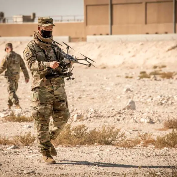 U.S. Air Force Master Sgt. Phillip Jung, with the 379th Expeditionary Security Forces Squadron, operates counter-UAS equipment. The U.S. Air Force is seeking a new Ground-Based Launcher to defend air bases against drones and cruise missiles. (Picture source: U.S. Department of War/Defense)