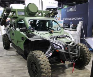 V2X Tempest counter-drone vehicle displayed at AUSA 2025 in Washington, D.C., featuring a mobile C-UAS configuration with dual missile launchers designed to detect, engage, and defeat Class 2 and Class 3 unmanned aerial systems.