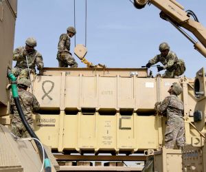 Patriot missile reload crew assigned to the U.S. Army's 4th Battalion, 3rd Air Defense Artillery Regiment secures a Patriot Guidance Enhanced Missile-Tactical (GEM-T) interceptor during a reload certification exercise at Al Dhafra Air Base, United Arab Emirates, on July 28, 2022. The GEM-T interceptor is the missile variant selected under the new NSPA contract awarded to Raytheon for Poland, reinforcing NATO's expanding air and missile defence capabilities. (Photo: U.S. Department of Defense)