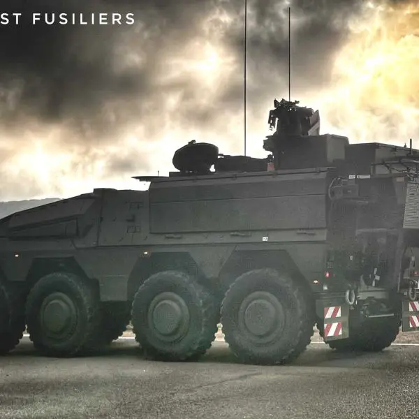 British Army soldiers from the 1st Battalion, Royal Regiment of First Fusiliers conduct live firing with a Boxer Infantry Carrier Vehicle equipped with a Protector RS4 Remote Weapon System during range training as part of the unit’s transition from Warrior to Boxer.