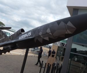 Bird of Prey interceptor drone displayed at the Farnborough International Airshow 2026, armed with Frankenburg Mark I low-cost counter-drone missiles. (Picture source: Army Recognition)