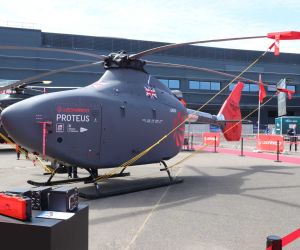 Leonardo's Proteus unmanned helicopter on display at the Farnborough International Airshow 2026, selected by Army Recognition among the Top 10 Defense Aerospace Innovations for its advanced autonomous rotary-wing capabilities.