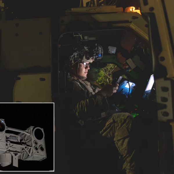 U.S. Army soldier operates the AMP-HEL high-energy laser weapon during counter-UAS operations, using directed energy to detect, track and defeat hostile drones while reducing reliance on conventional kinetic interceptors.