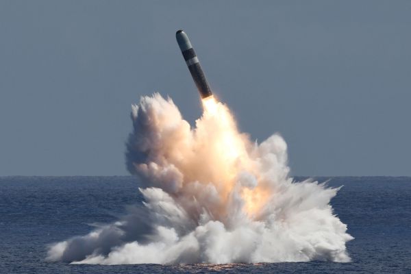 An unarmed Trident II D5 Life Extension ballistic missile launches from a U.S. Navy Ohio-class ballistic missile submarine off the coast of Florida during a scheduled test in September 2025. The W93/Mk7 is being developed for integration with the Trident missile architecture, supporting the future U.S. sea-based nuclear deterrent. (Picture source: U.S. Navy)