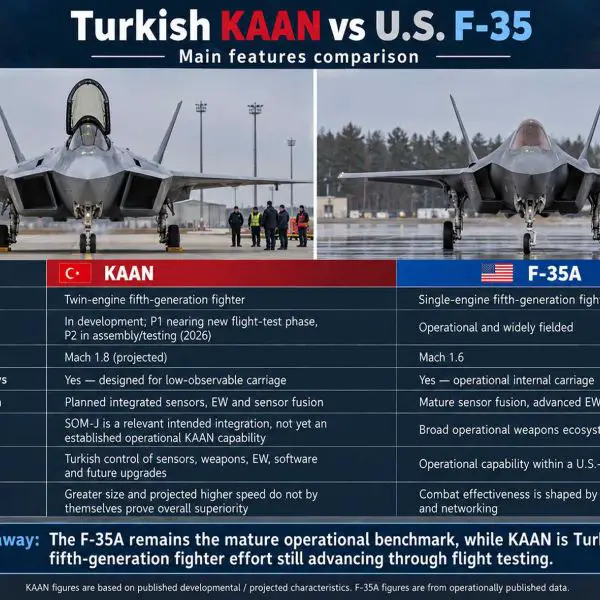 KAAN and F-35A highlight two different stages of fifth-generation fighter development. Turkey’s twin-engine KAAN is advancing through flight testing with a projected Mach 1.8 speed, internal weapons bays, integrated sensors and nationally controlled weapons and electronic warfare systems, while the U.S. F-35A remains the operational benchmark with mature stealth, sensor fusion, networking and combat-proven service.