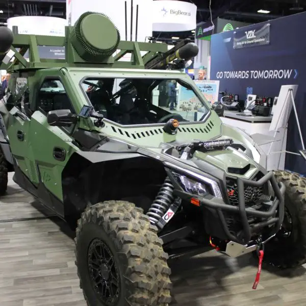 V2X Tempest counter-drone vehicle displayed at AUSA 2025 in Washington, D.C., featuring a mobile C-UAS configuration with dual missile launchers designed to detect, engage, and defeat Class 2 and Class 3 unmanned aerial systems.