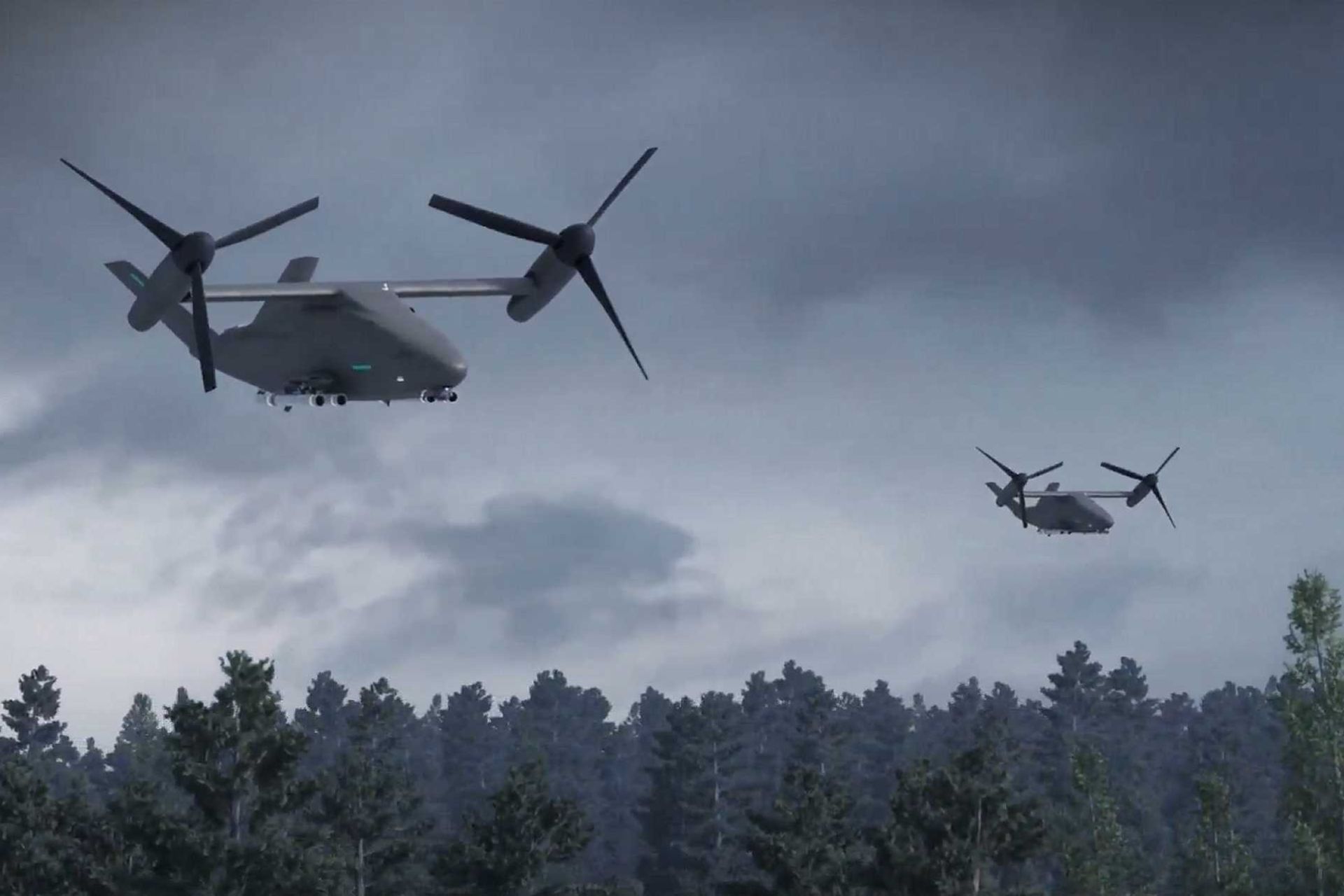 Artistic rendering of Boeing's CxR unmanned tiltrotor concept, showcasing its modular design and expeditionary configuration intended for multi-mission roles alongside legacy platforms such as the AH-64 Apache and CH-47 Chinook helicopters.