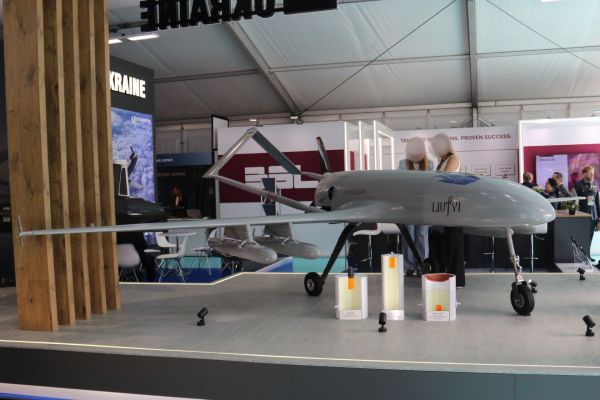 The An-196 Liutyi long-range Strike drone equipped with four compact air-to-surface missiles at Farnborough 2026 (