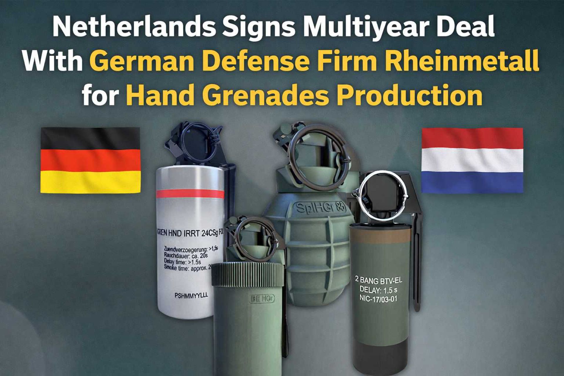 Hand grenades manufactured by the Germany Company Rheinmetall as part of a new multiyear supply agreement with the Dutch Army to enhance infantry capabilities and ensure long-term ammunition availability.