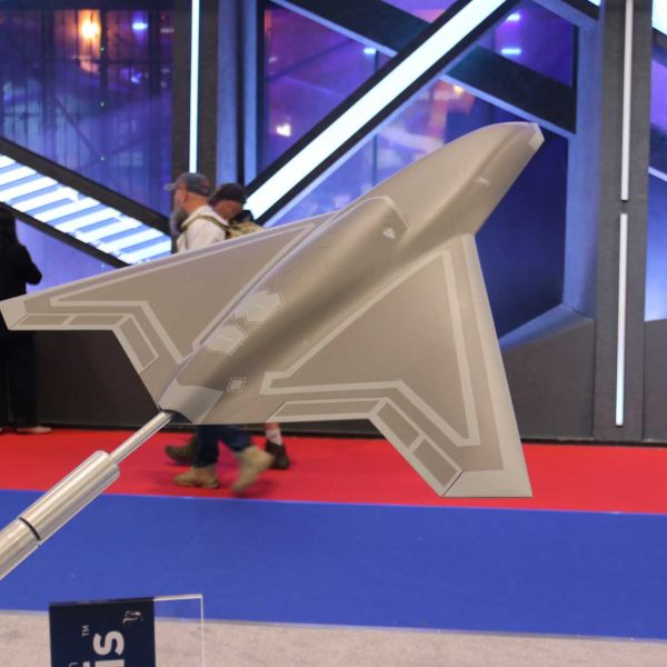 Scale model of Lockheed Martin’s Vectis unmanned autonomous combat aircraft displayed at the company’s booth during MSPO 2026 in Kielce, Poland. (Picture source: Army Recognition)