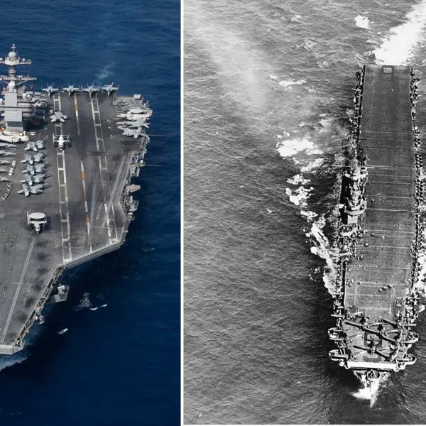 The USS Gerald R. Ford (CVN-78) places its island much farther aft so more aircraft can be parked and moved directly toward the catapults without interfering with landings, whereas USS Enterprise (CV-6)'s amidships island suited a WWII straight flight deck where launching and landing aircraft largely occurred one after the other rather than simultaneously. (Picture source: US Navy)