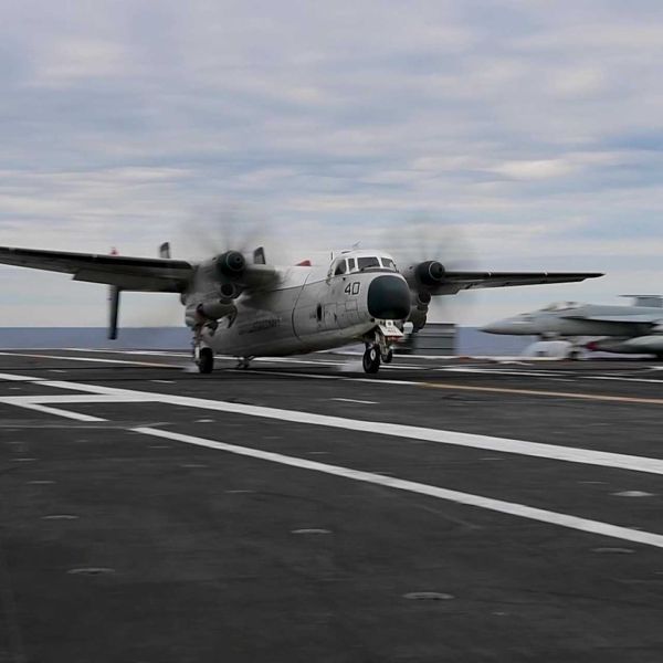 During the FLEETEX 250 exercise in the Atlantic Ocean, two C-2A Greyhounds assigned to Fleet Logistics Support Squadron (VRC)-40 "Rawhides" performed the aircraft's last arrested landing and final catapult launch from an aircraft carrier. (Picture source: US Navy)