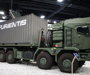 American Rheinmetall's HX CAML AMP autonomous launch system, designed to integrate different missile effectors, including low-cost Furientis interceptors, on display at AUSA 2026 in Washington, D.C. (Picture source: Army Recognition)