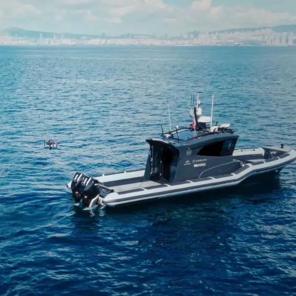 The Turkish-made USV-12 unmanned surface vessel launches a SAGAN armed UAV during a HAVELSAN demonstration of coordinated maritime and aerial operations involving a strike on a designated target with a 60 mm mortar round. (Picture source: Havelsan)